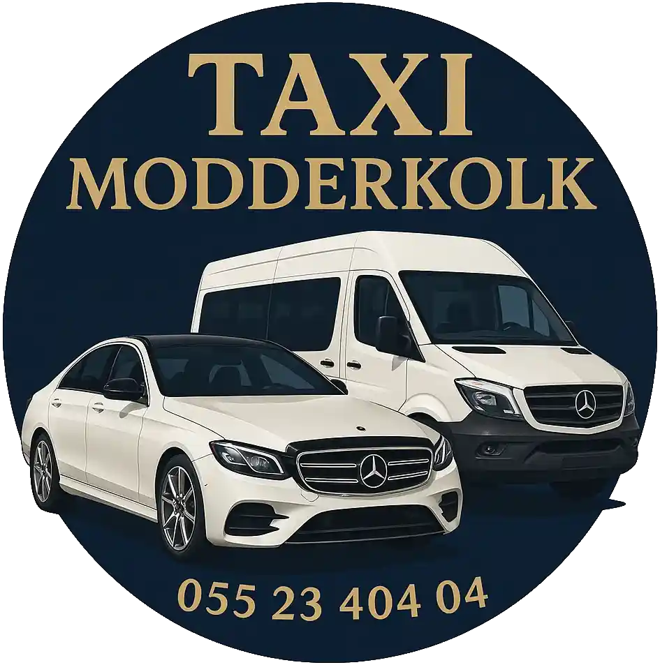 Logo van Taxi Modderkolk met witte Mercedes taxi en taxibus en telefoonnummer 055 23 404 04