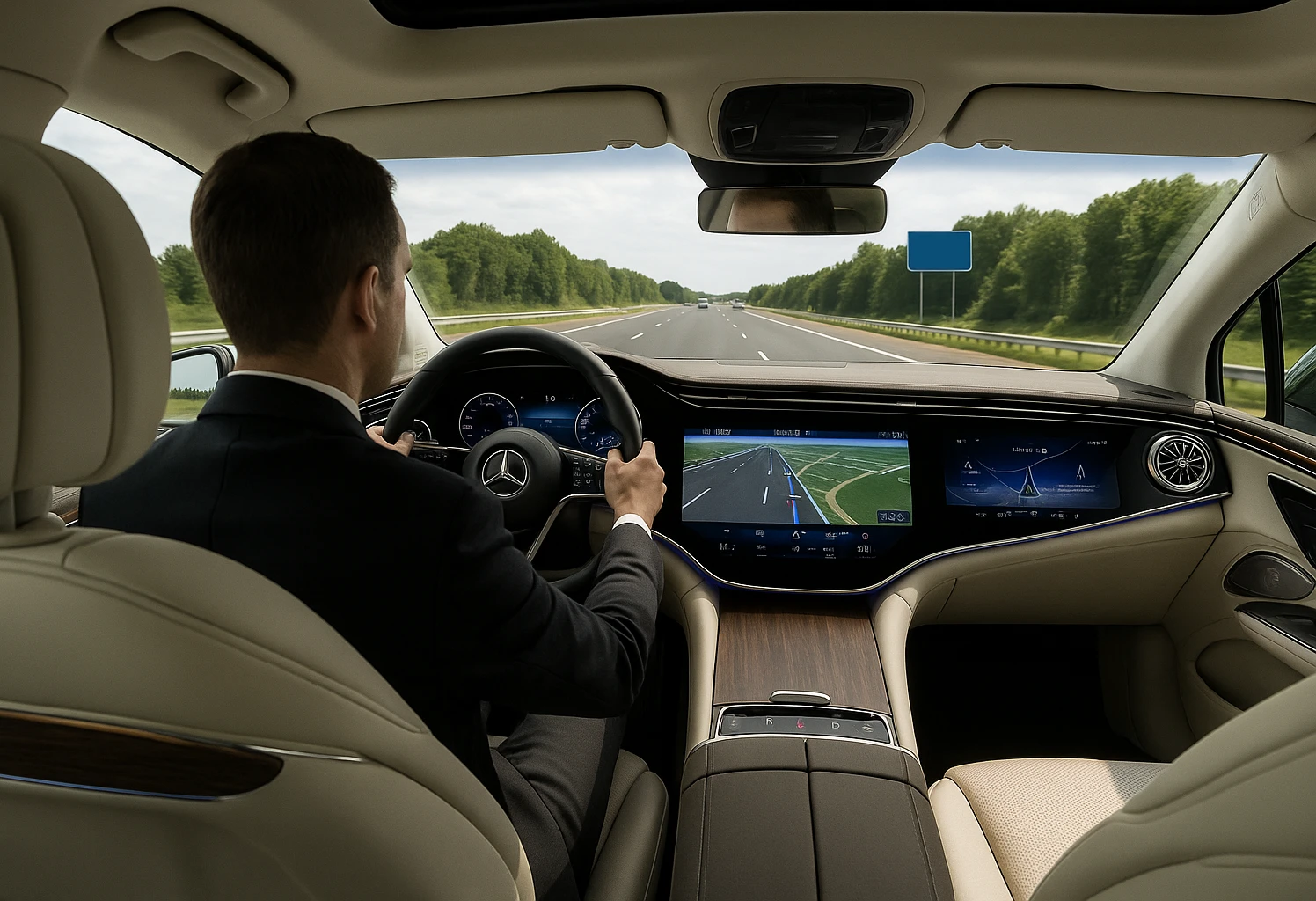 Chauffeur rijd in een Mercedes EQS van Taxi Modderkolk