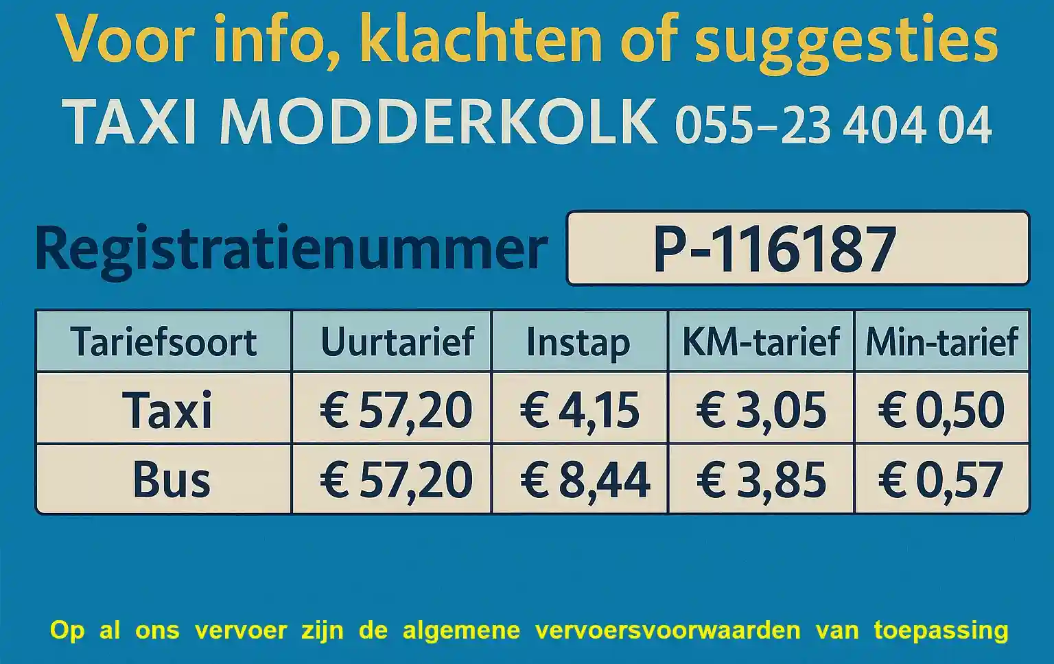 De tarievenkaart van Taxi Modderkolk Apeldoorn