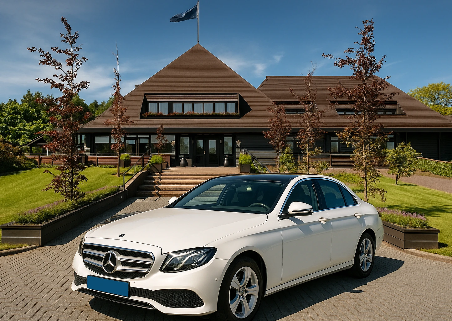 Witte Mercedes van Taxi Modderkolk bij de Cantharel in Apeldoorn
