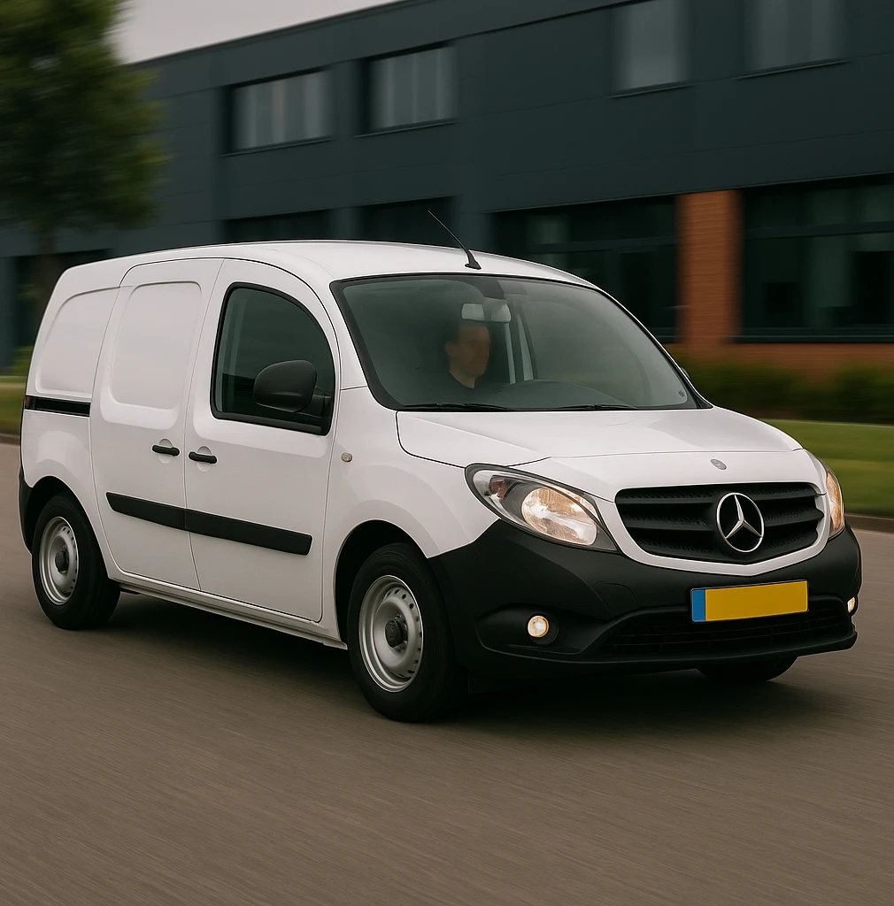 Een koerier van Taxi Modderkolk met steekwagen en dozen bij de Mercedes Citan in Apeldoorn