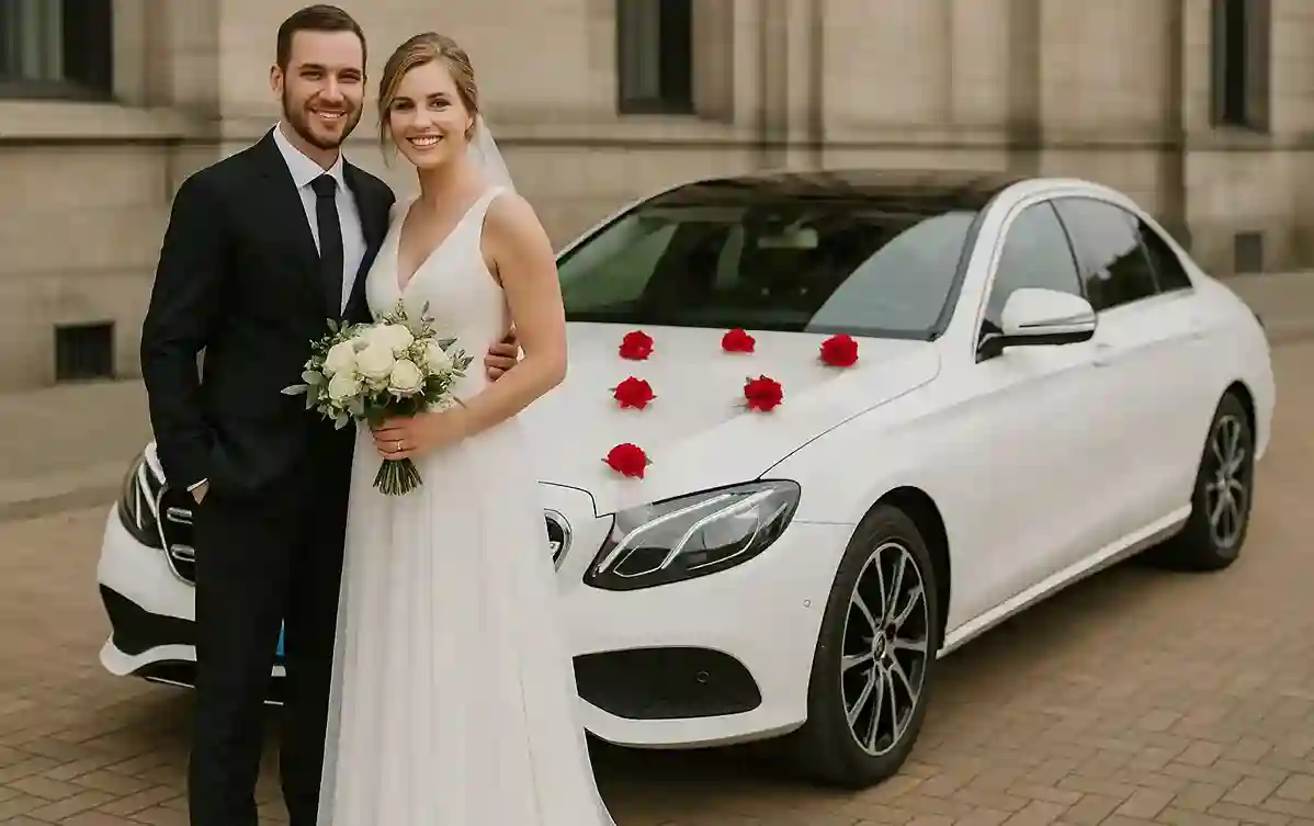 Een bruidspaar staat voor de witte Mercedes van Taxibedrijf Modderkolk