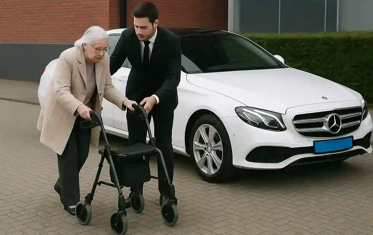 Chauffeur helpt een oudere dame met rolstoel. Op de achtergrond een witte Mercedes van Taxi Modderkolk