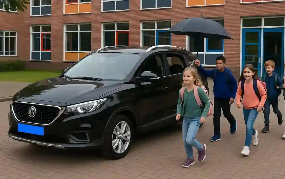 Een groep vrolijke kinderen rennen naar de zwarte  MG van Taxi Modderkolk
