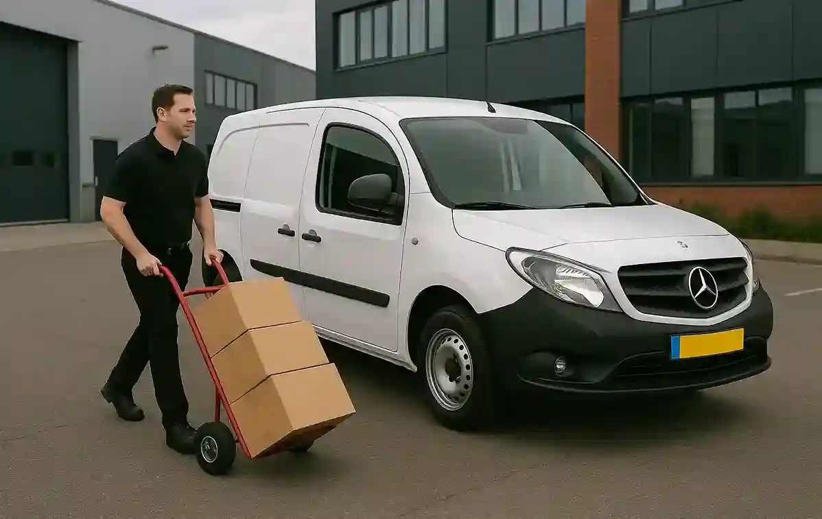 Een koerrier loopt met een steekwagen, vol dozen voor de Mercedes Citan van Taxi Modderkolk