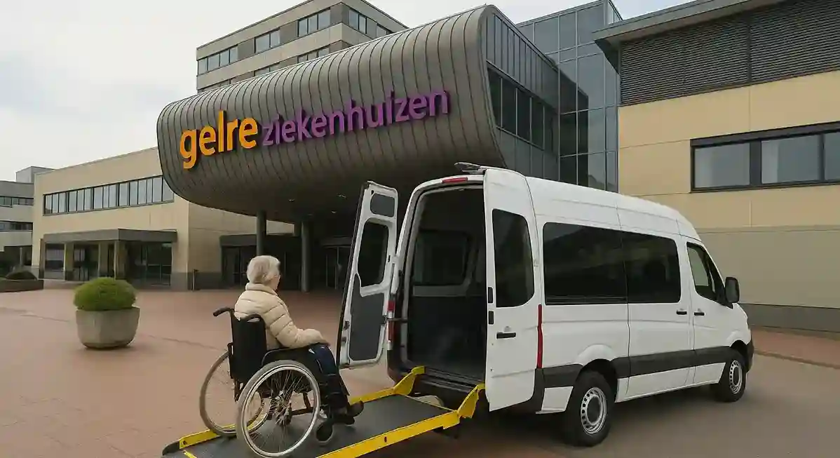 Een oudere vrouw in rolstoel wordt via een oprijplaat in een rolstoelbus van Taxi Modderkolk geholpen. Op de achtergrond het Gelre Ziekenhuis in Apeldoorn