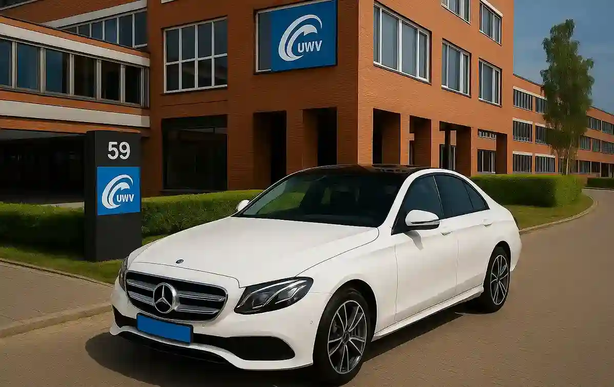 Een witte Mercedes van Taxi Modderkolk staat voor het UWV gebouw in apeldoorn
