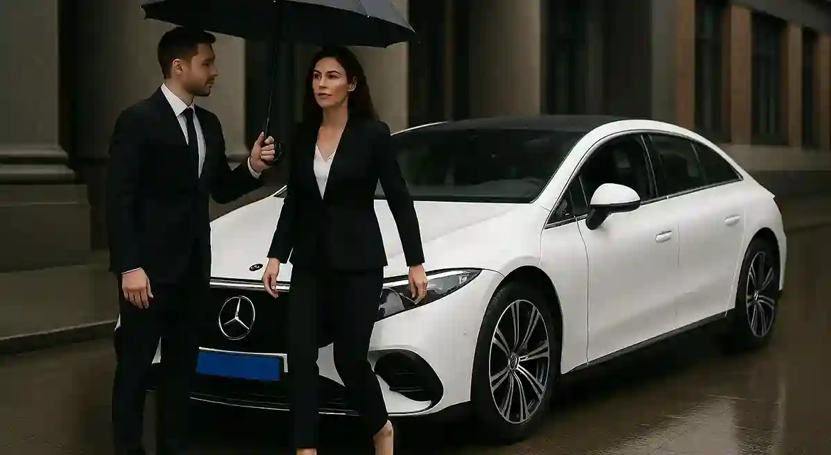 De chauffeur houd een paraplu boven een net uitgestapte passagier 