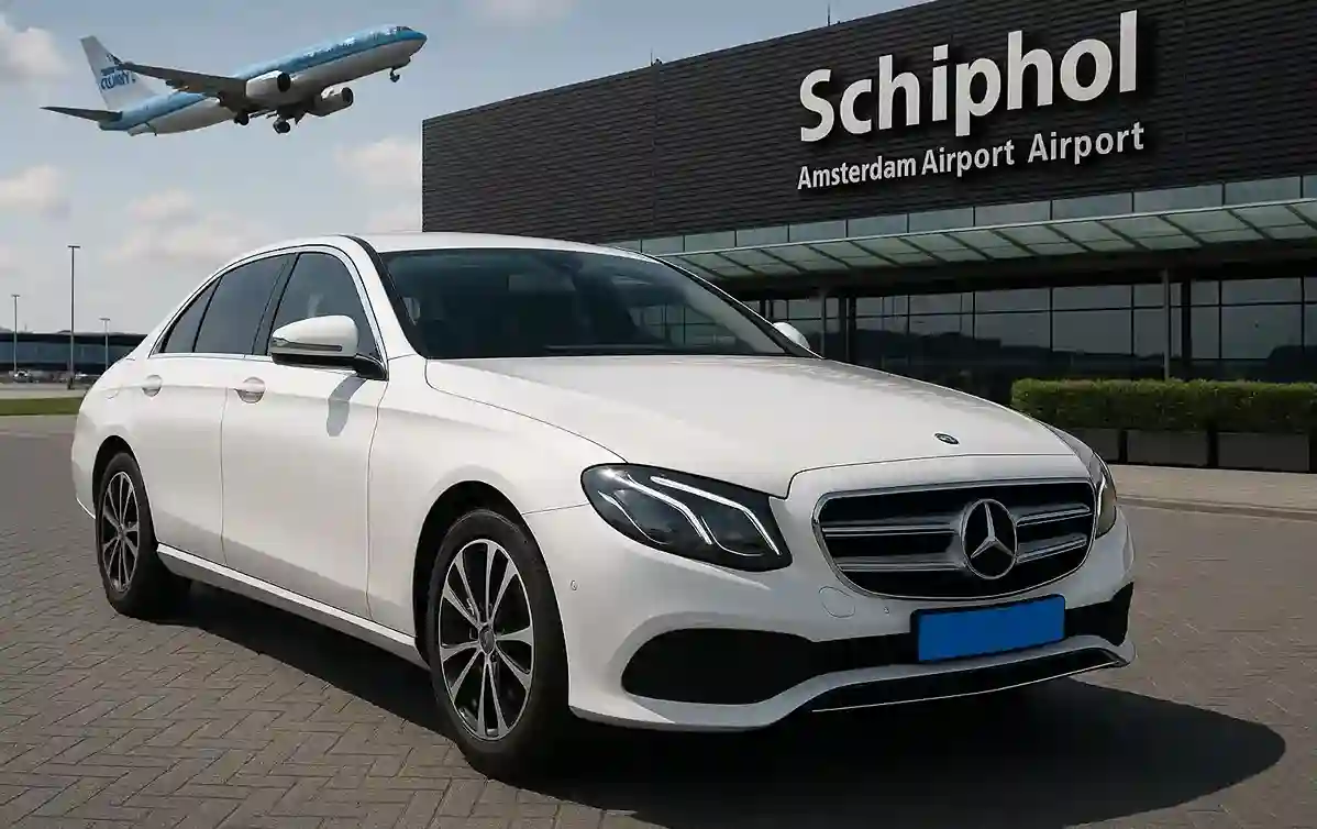 Een witte Mercedes van Taxi Modderkolk staat voor Schiphol. Op de achtergrond een een laag vliegende vliegtuig