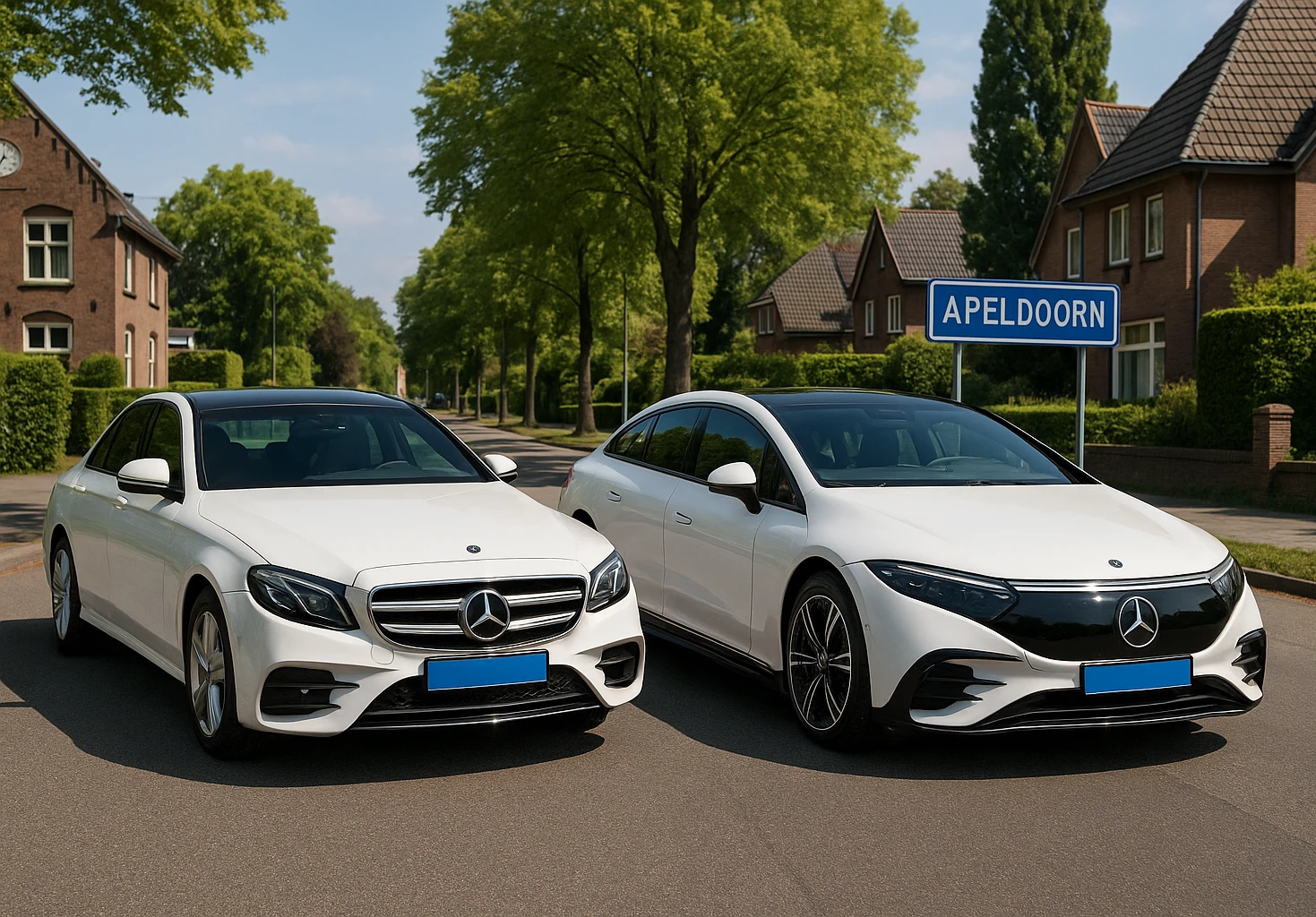 Taxi Modderkolk chauffeur opens the door of a luxury Mercedes in Apeldoorn