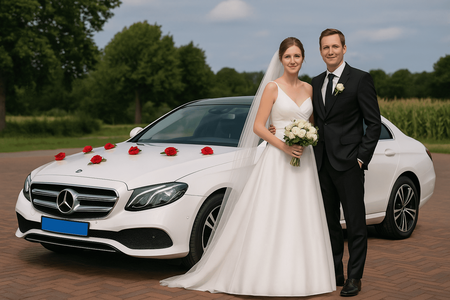 Bruidspaar voor een witte Mercedes van Taxi Modderkolk in Apeldoorn